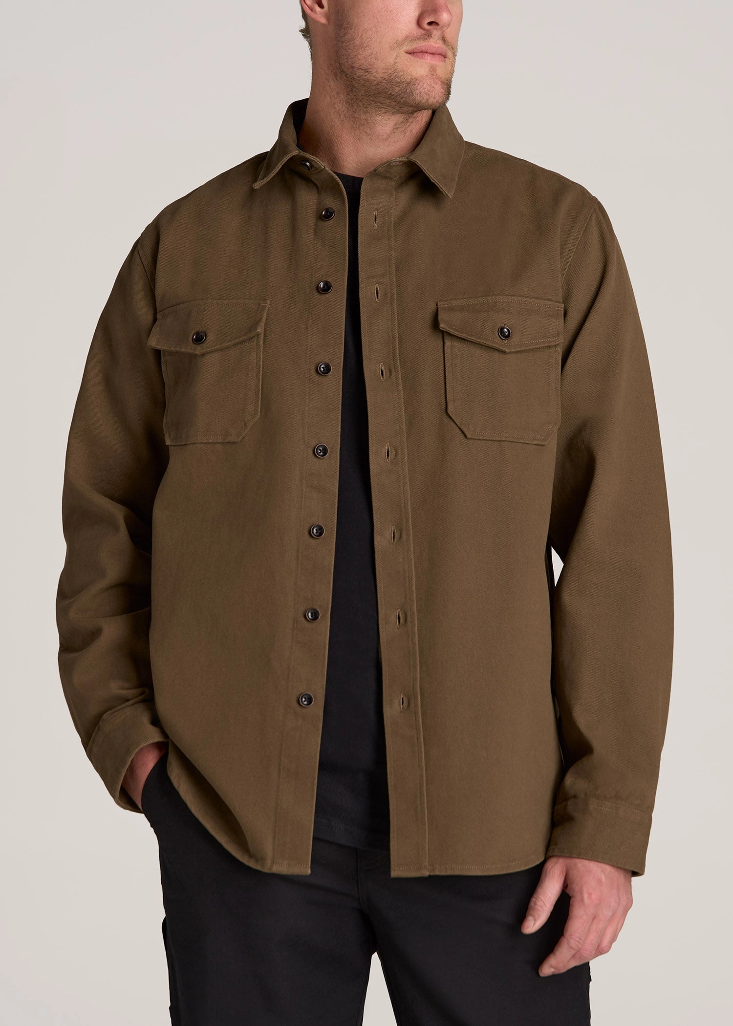 LJ&S Heavyweight Cotton Twill Overshirt for Tall Men in Grizzly Brown Reflective Trim
