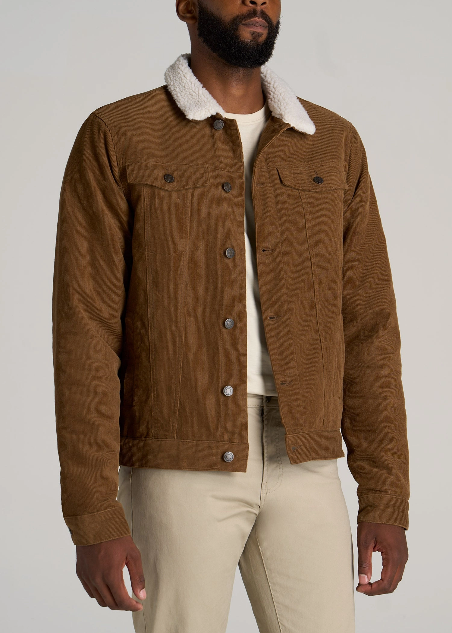 Quick Release Buckle Mechanism Comfort Flex Fit LJ&S Men's Sherpa Corduroy Tall Trucker Jacket in Tan Brown