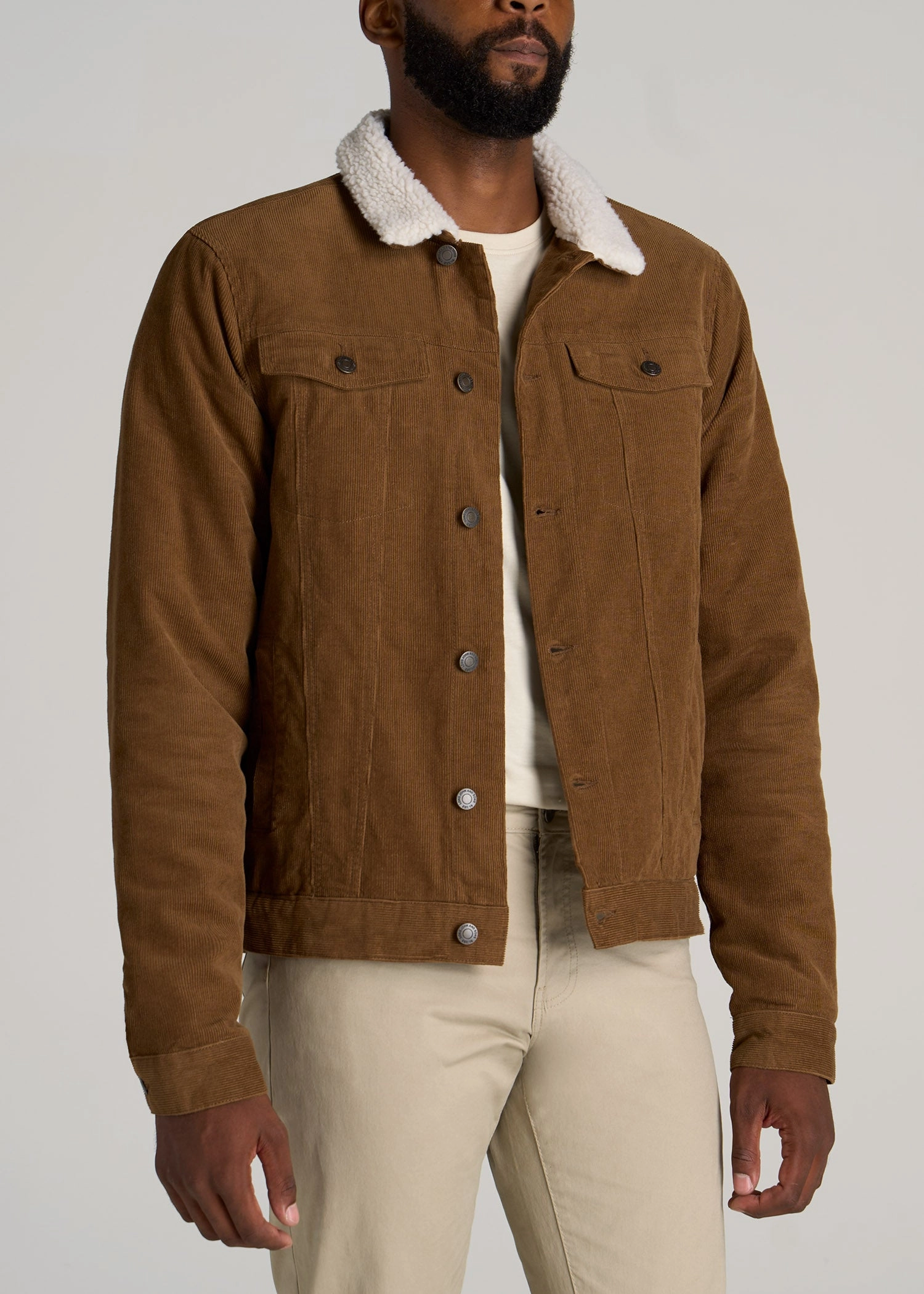 LJ&S Men's Sherpa Corduroy Tall Trucker Jacket in Tan Brown Multi Use Piece Stretchable Waistband