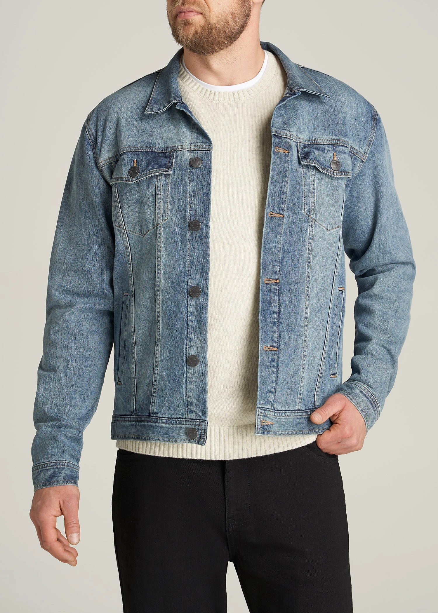 Hike Fit Drop Tail Hem LJ&S Men's Tall Denim Jacket in Medium Blue