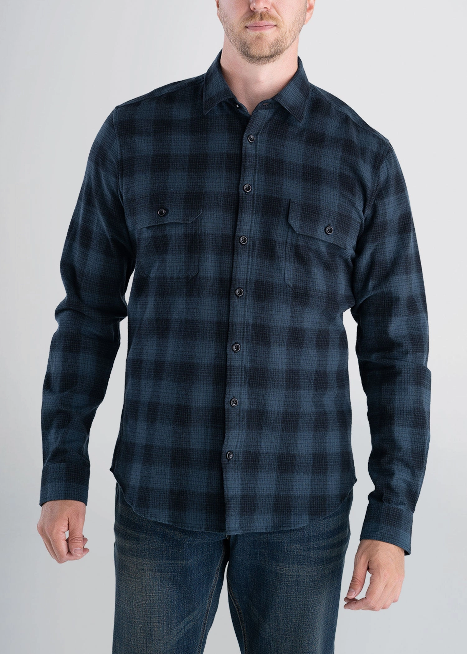 LJ&S Men's Tall Heavy Flannel Shirt in Army Plaid-Black & Spruce Blue Abrasion Resistant Surface Classic Tank