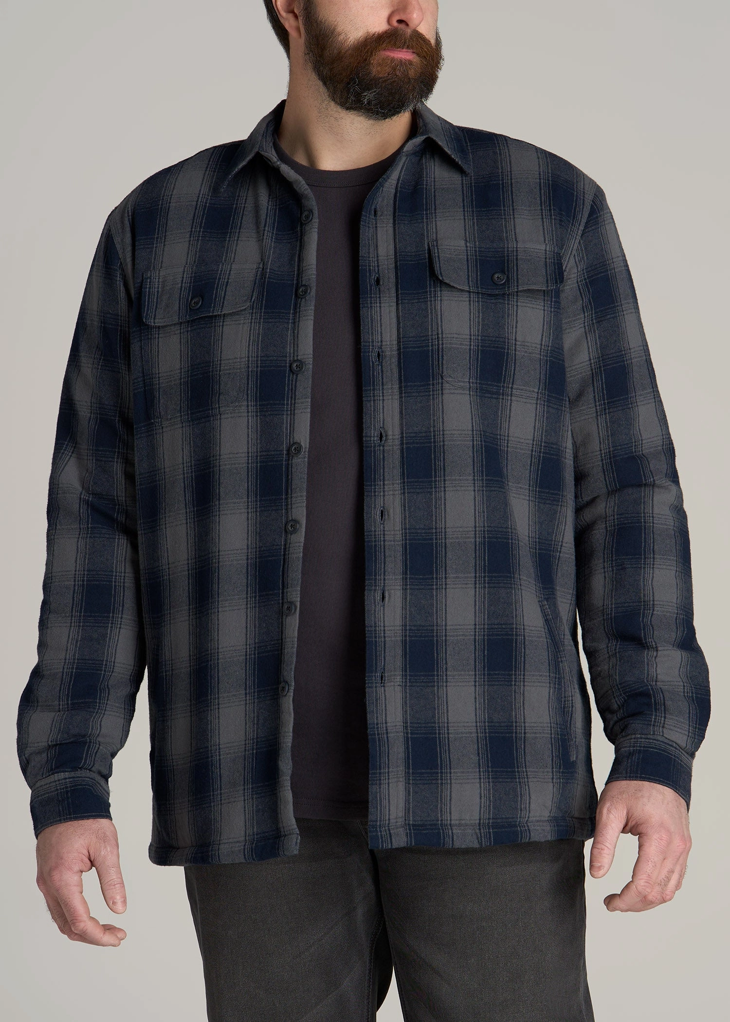 LJ&S Men's Tall Sherpa Lined Shirt Jacket in Midnight Navy & Medium Grey Plaid High Stretch Fabric FadeResistant Treatment