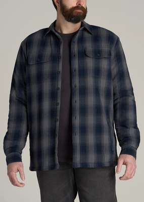 LJ&S Men's Tall Sherpa Lined Shirt Jacket in Midnight Navy & Medium Grey Plaid High Stretch Fabric FadeResistant Treatment