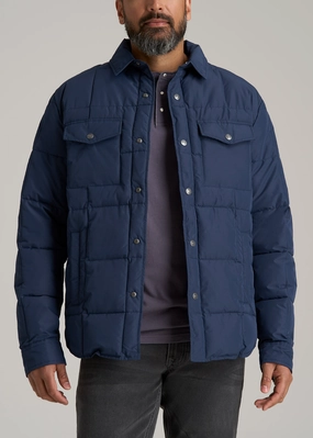 LJ&S Puffer Shirt Jacket for Tall Men in Marine Blue Flexible Hem Adjustment Easy Care Fabric