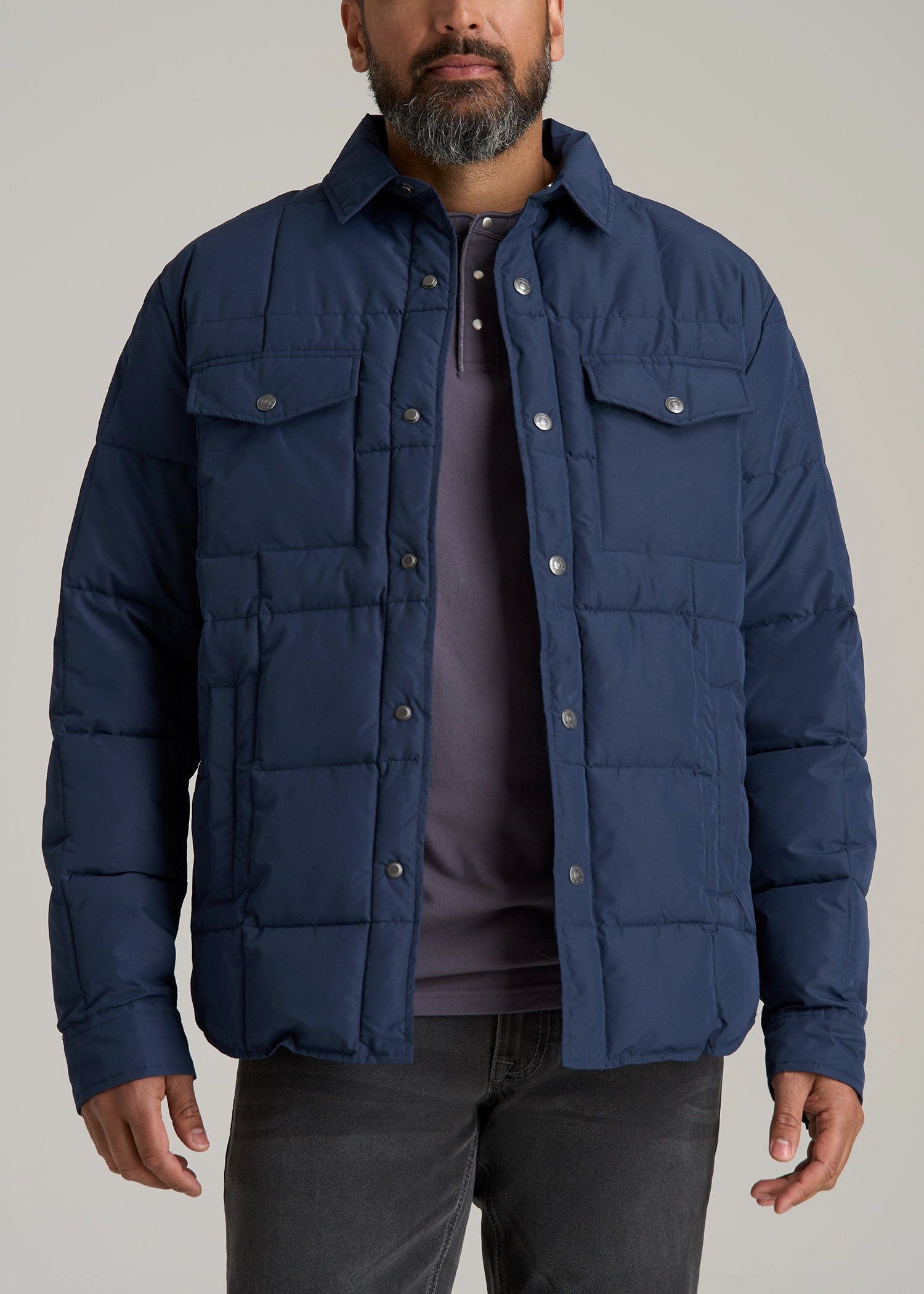 LJ&S Puffer Shirt Jacket for Tall Men in Marine Blue Outdoor Trip
