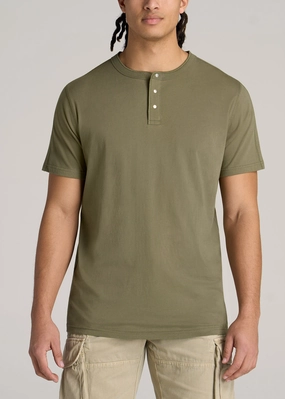 LJ&S REGULAR-FIT Jersey Henley Tee for Tall Men in Vintage Moss Green Breathable Linen Blend LayeredPanel