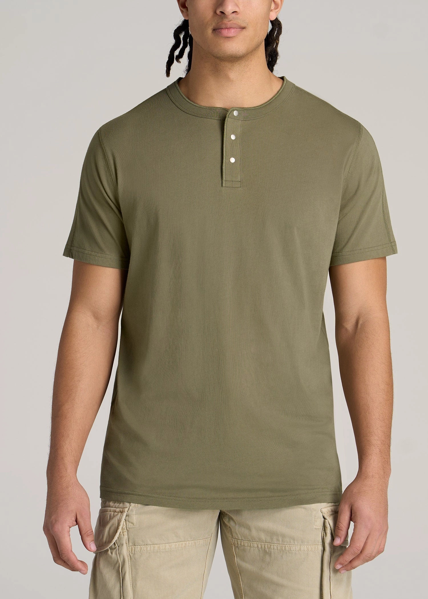 LJ&S REGULAR-FIT Jersey Henley Tee for Tall Men in Vintage Moss Green HighDensity Knit