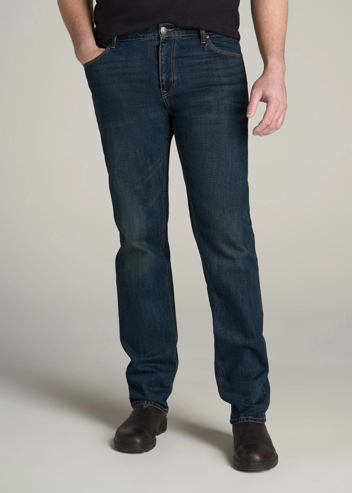 LJ&S STRAIGHT LEG Jeans for Tall Men in Mechanic Blue Traveler Gear Stretch Creative Look