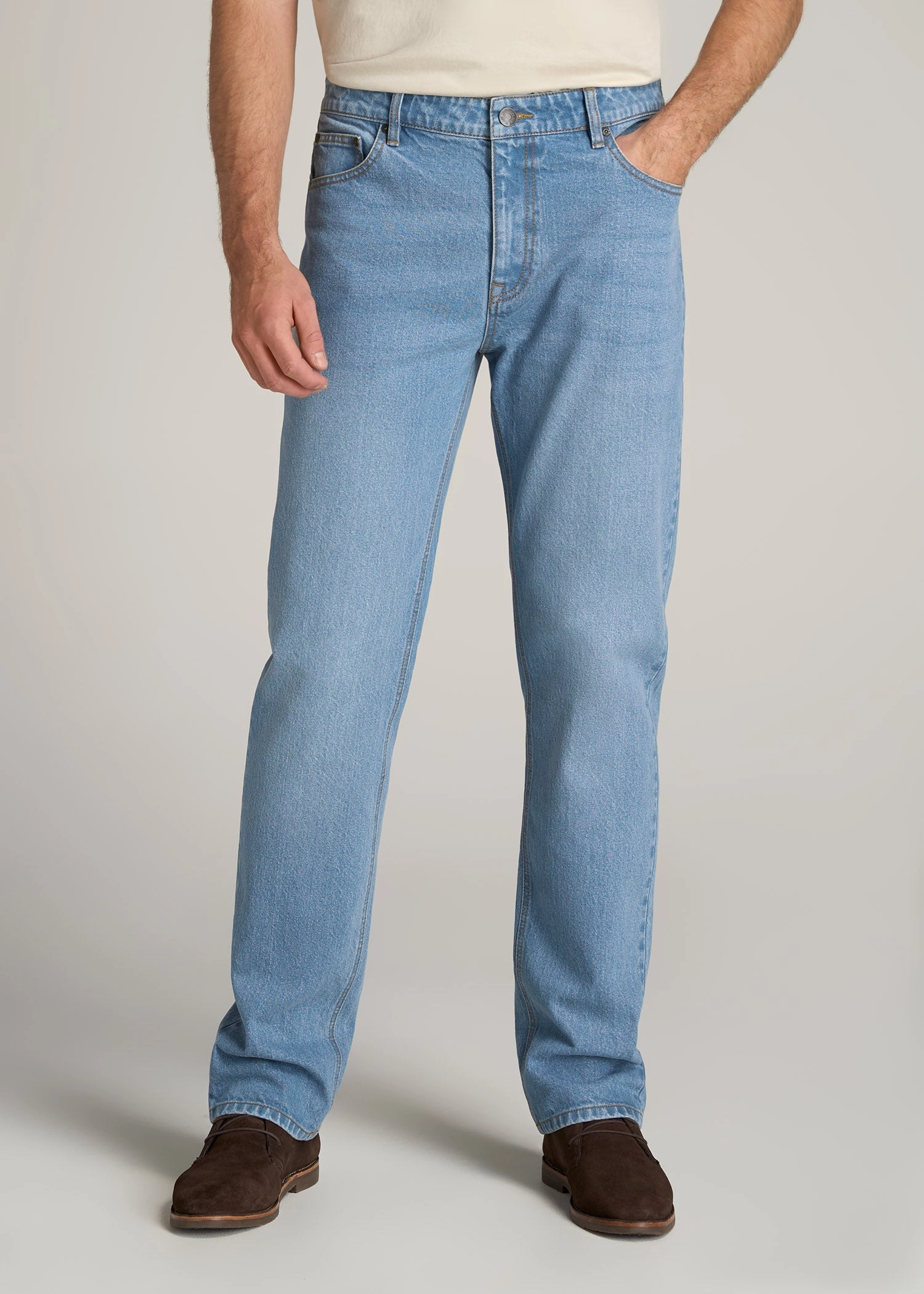 LJ&S STRAIGHT LEG Jeans for Tall Men in Stone Wash Light Blue Contemporary Style Athlete Fit Elegant