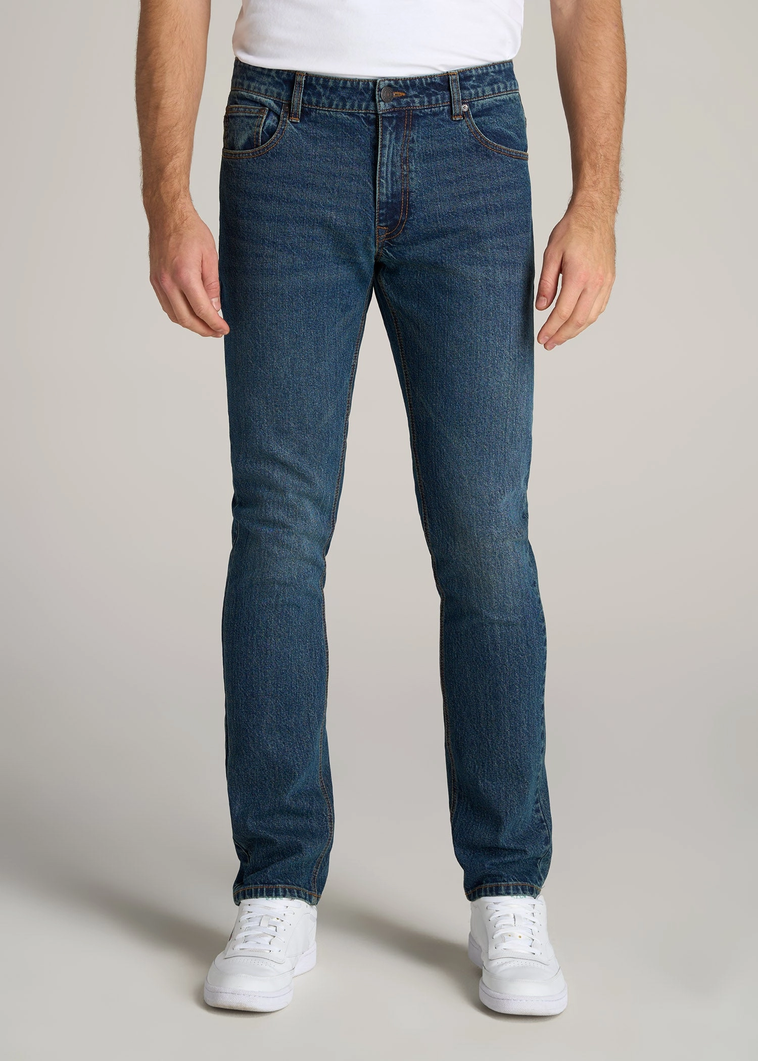 LJ&S TAPERED Jeans for Tall Men in Machine Blue Creative Look Work Ready Lightweight Strong Stitch