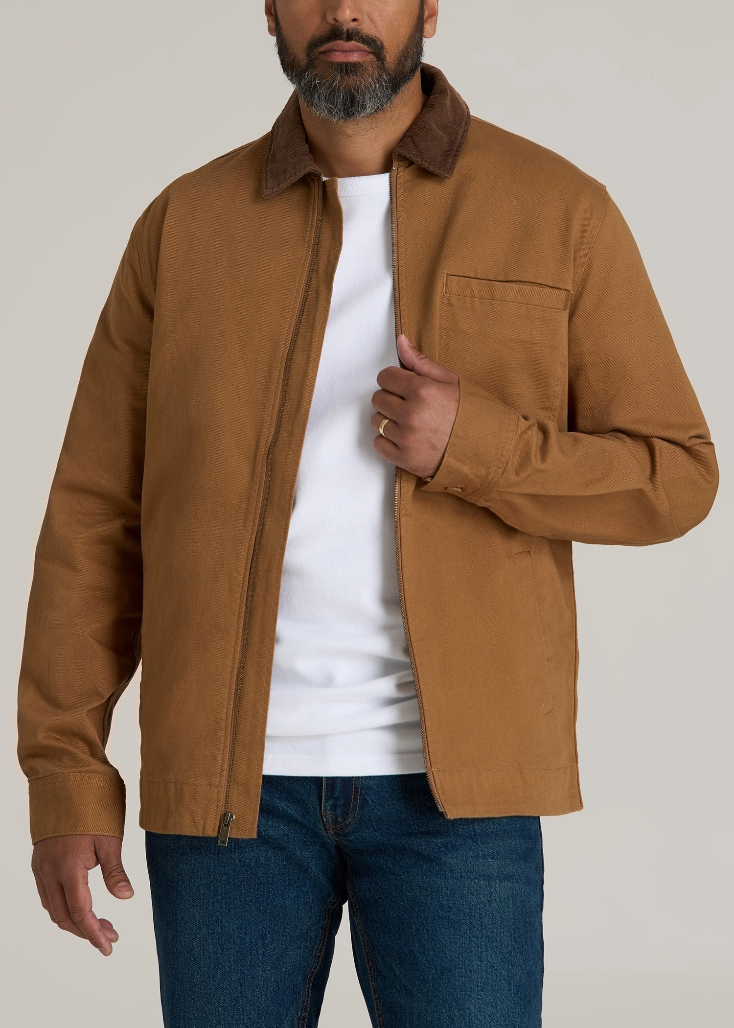 Touchscreen Compatible Cuffs Crisp Air Piece LJ&S Twill Shop Jacket for Tall Men in Dusty Brown