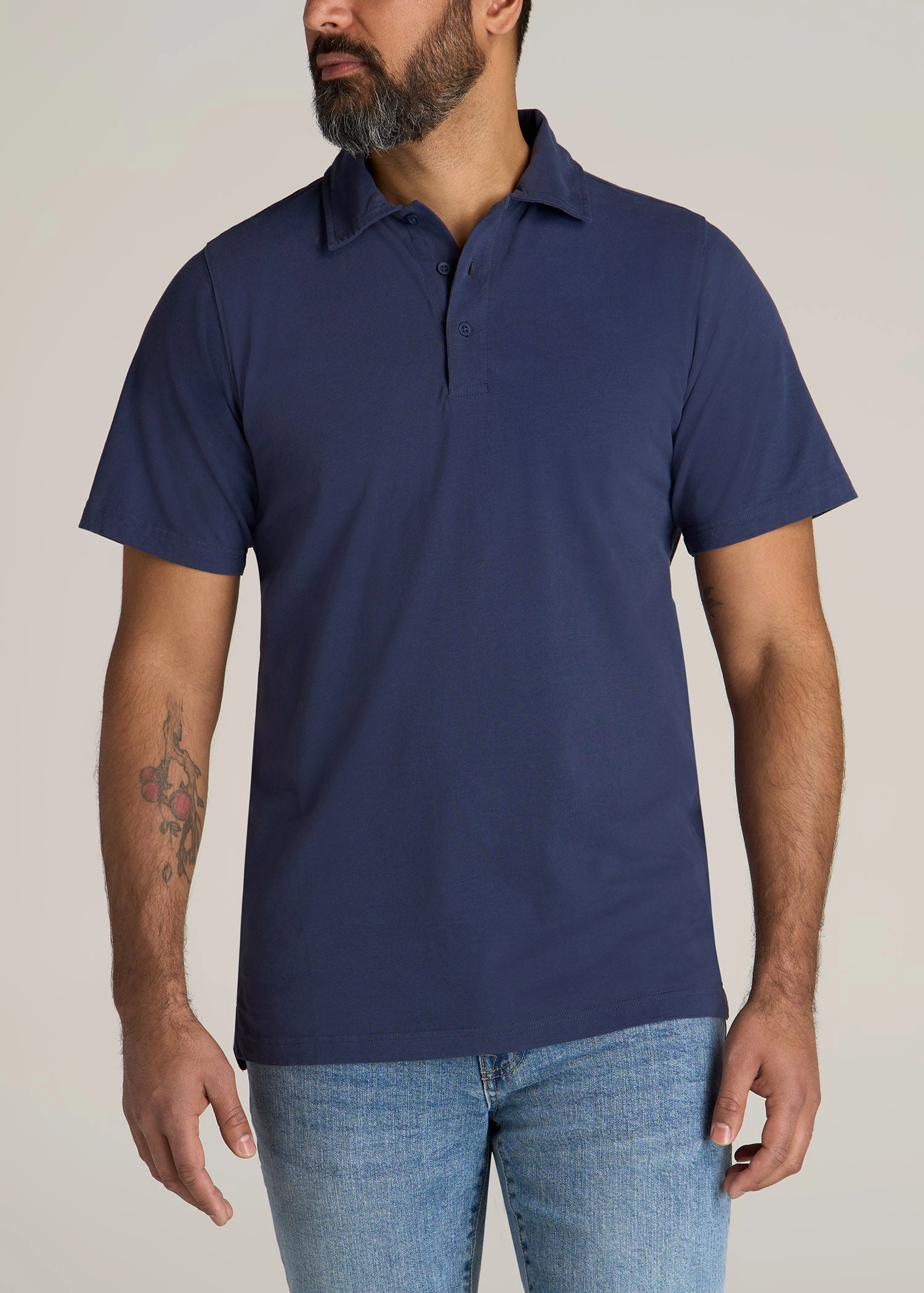 LJ&S Ultra Soft Short Sleeve Cotton Polo for Tall Men in Vintage Midnight Navy tailored look FourWay Stretch Fabric