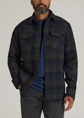 LJ&S Wool Blend Tall Men's Shirt Jacket in Green and Navy Plaid VNeck Style