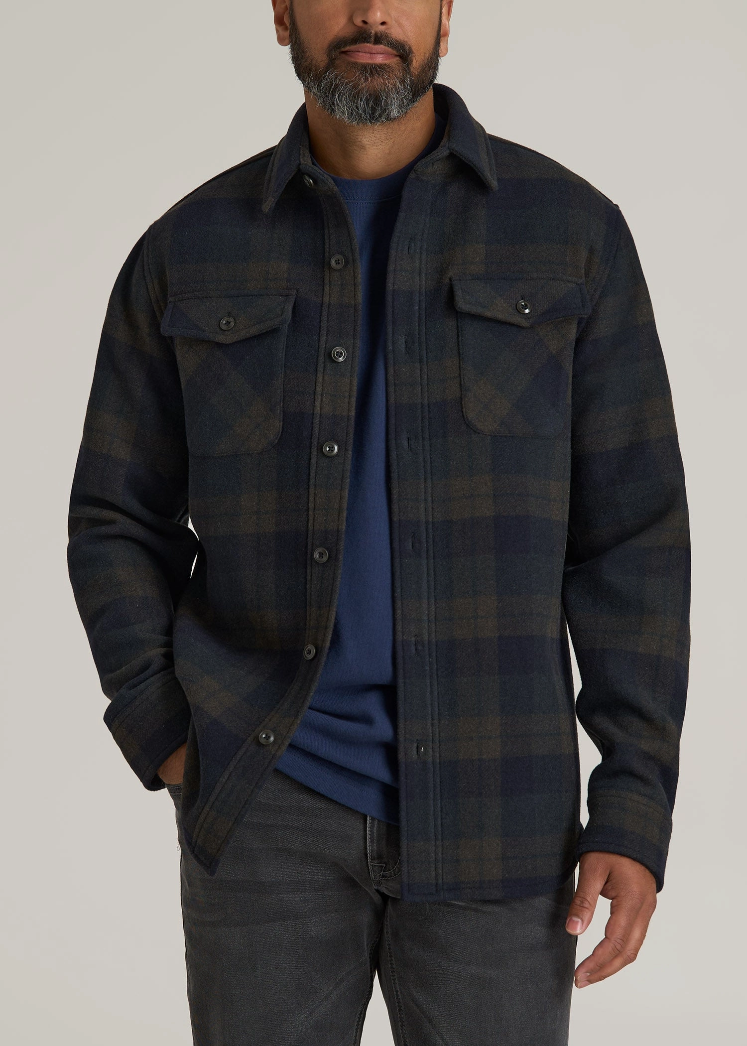 LJ&S Wool Blend Tall Men's Shirt Jacket in Green and Navy Plaid LightReflectiveTrim