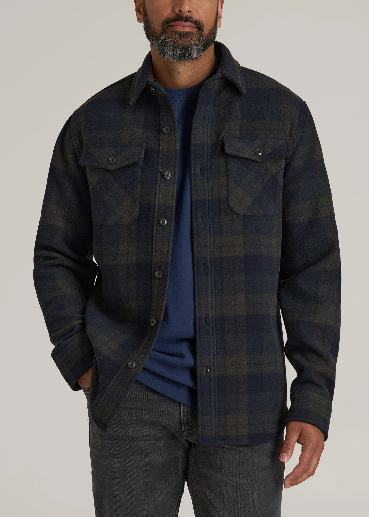 LJ&S Wool Blend Tall Men's Shirt Jacket in Green and Navy Plaid High Stretch Fabric