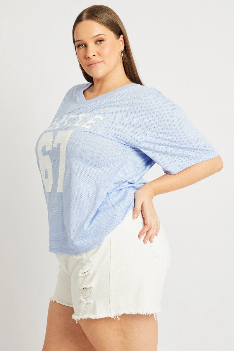 Tagless Neckline Blue Graphic T Shirt Short Sleeve