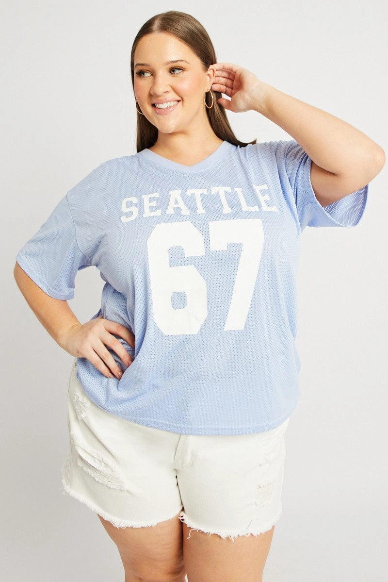 Stretchable Fabric Cool Layering Blue Graphic T Shirt Short Sleeve