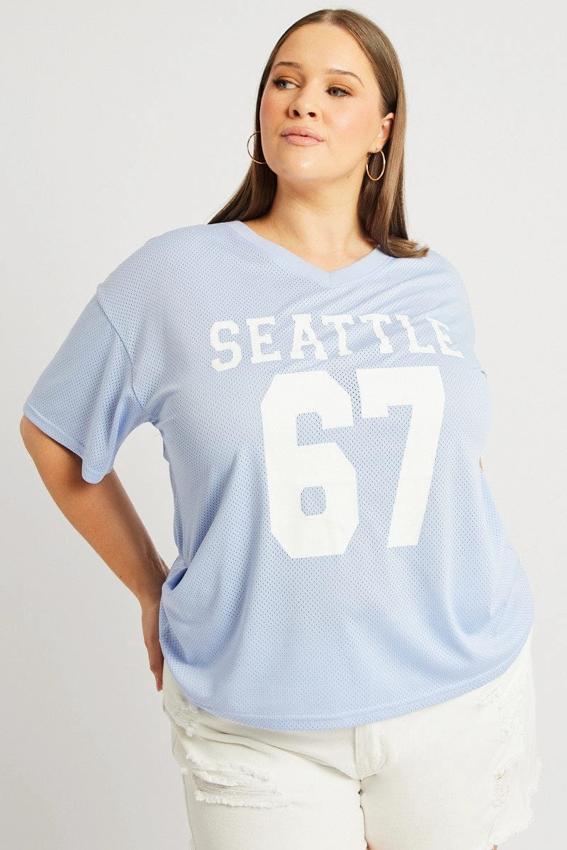 Blue Graphic T Shirt Short Sleeve Wide Neck Opening