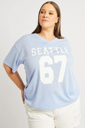 Blue Graphic T Shirt Short Sleeve Wide Neck Opening