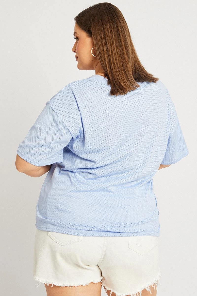 Tubular Knit Structure Blue Graphic T Shirt Short Sleeve