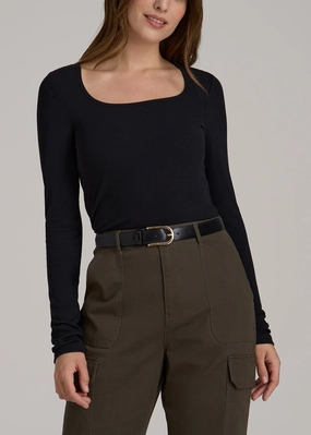 Long Sleeve Ribbed Square Neck Top for Tall Women in Black Minimal Comfort Weekend Fit