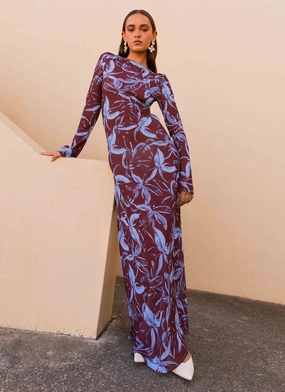 Lorde Maxi Dress - Brown Purple Floral Chic Waist Smooth Vibes