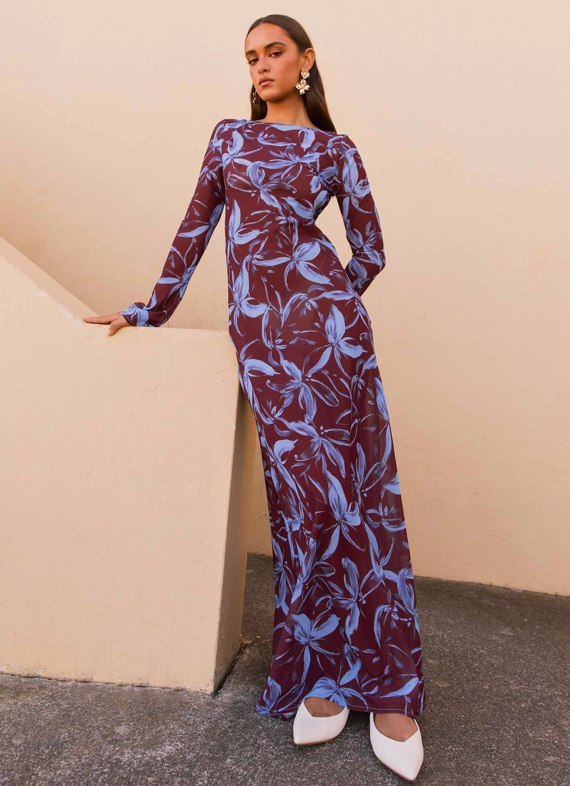Elegant knee-length dress Lorde Maxi Dress - Brown Purple Floral