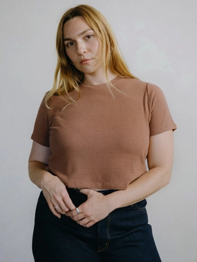 Zip Up Temperature Control Fabric Lou Tee, Regen Silk Noil Jersey, Terracotta