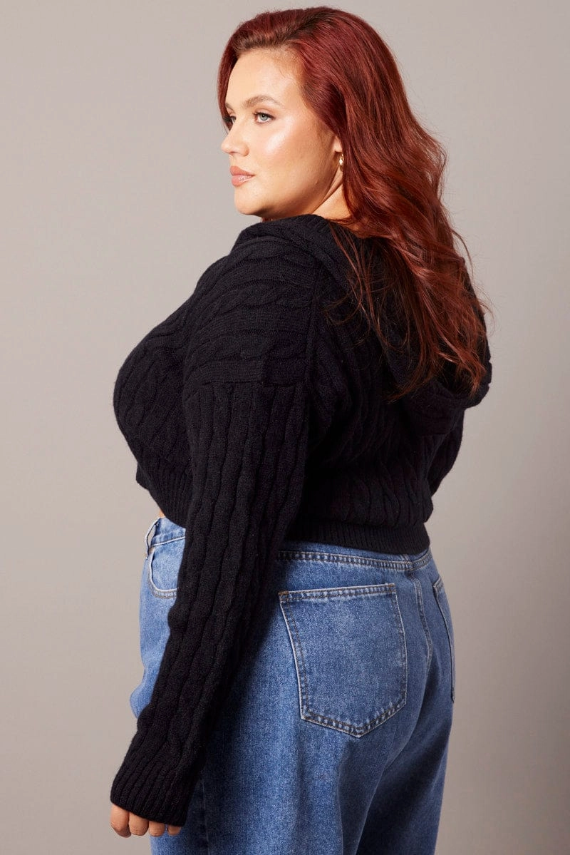 Subtle Color Tone Minimal Detailing Black Cable Knit Cardigan Hooded Crop