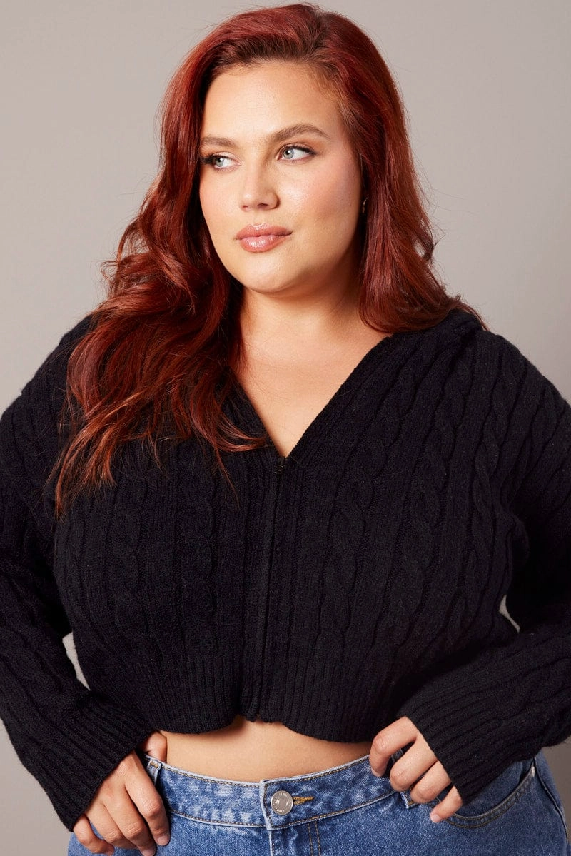 Organic Cotton Blend Weatherproof Zipper Black Cable Knit Cardigan Hooded Crop