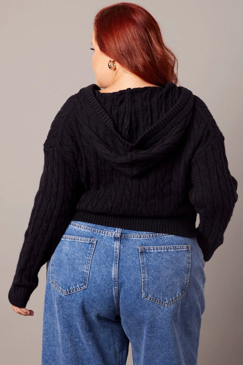 Pocket Placement Black Cable Knit Cardigan Hooded Crop