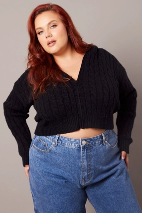 FlexibleFit Compact Storage Black Cable Knit Cardigan Hooded Crop