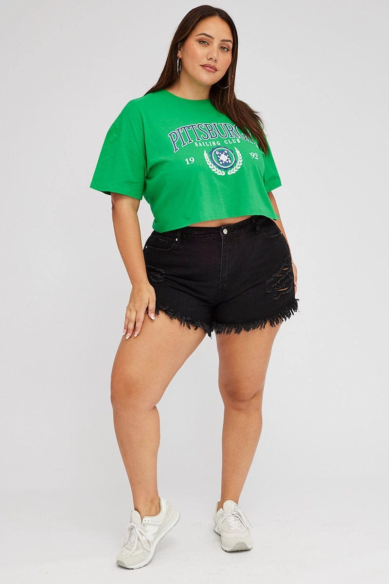 Cozy Feeling Green Graphic Crop T-shirt Short Sleeve Crew Neck