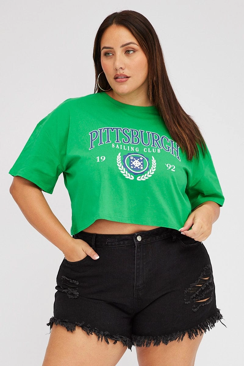 Green Graphic Crop T-shirt Short Sleeve Crew Neck Casual Flex Design Sport Flex Fit