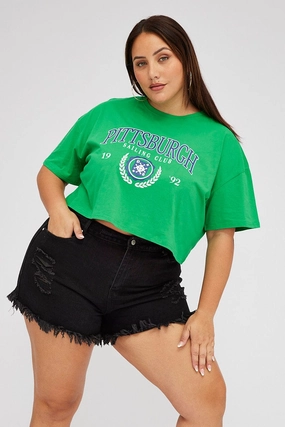 Comfy Vibes Green Graphic Crop T-shirt Short Sleeve Crew Neck