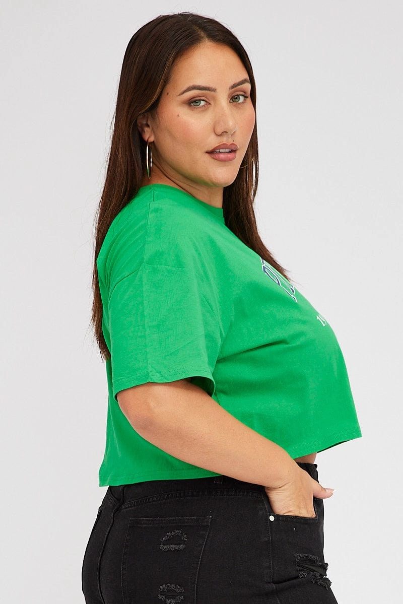 Green Graphic Crop T-shirt Short Sleeve Crew Neck Trendy Piece