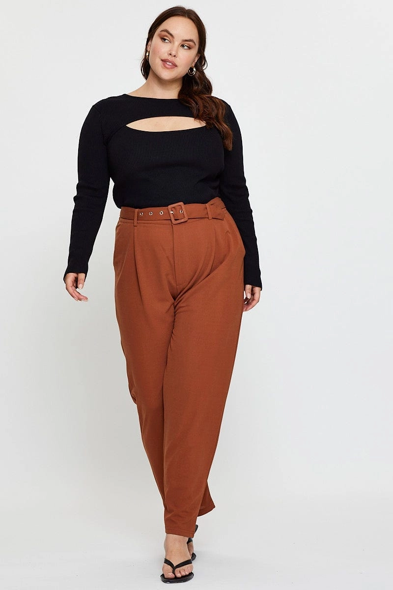Beige Slim Leg Pants High Rise Belted Active Wear Comfy Style