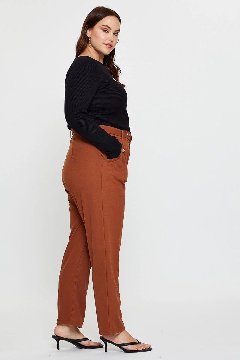 Sweat Resistant Smooth Texture Beige Slim Leg Pants High Rise Belted