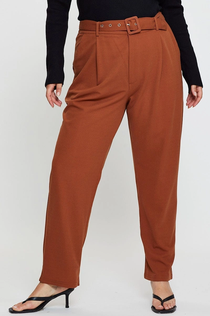 Beige Slim Leg Pants High Rise Belted Multi Use Go Anywhere