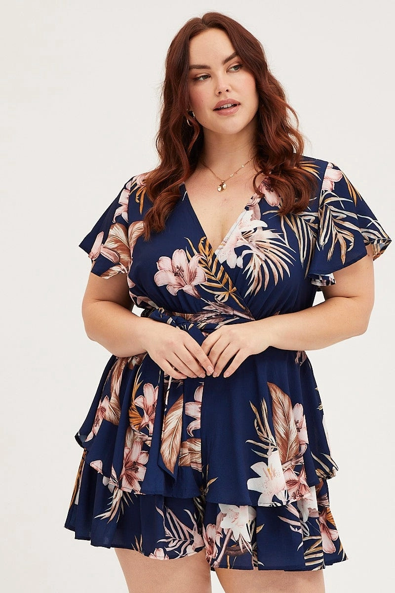 NonIrritatingLining Fitted Design Floral Print Mini Playsuit Short Sleeve