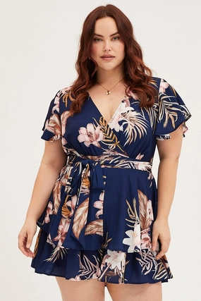 Floral Print Mini Playsuit Short Sleeve Front-Pocket