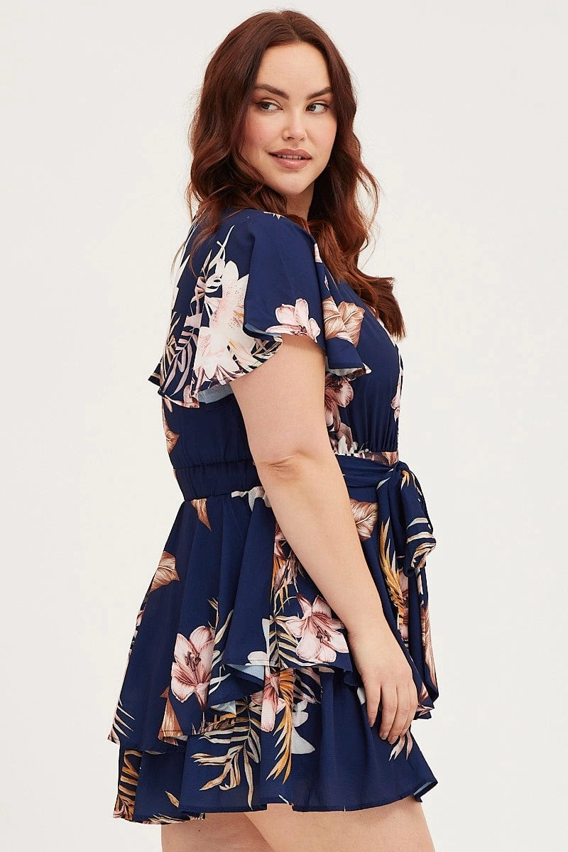 Fall Piece Classic Fit Floral Print Mini Playsuit Short Sleeve
