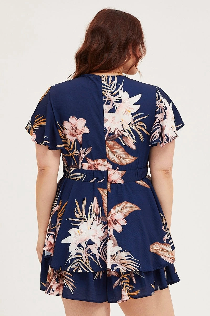 Floral Print Mini Playsuit Short Sleeve Soft Lines Cool Form