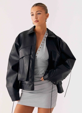 Lula Tassle Faux Leather Bomber Jacket - Black Mold resistant