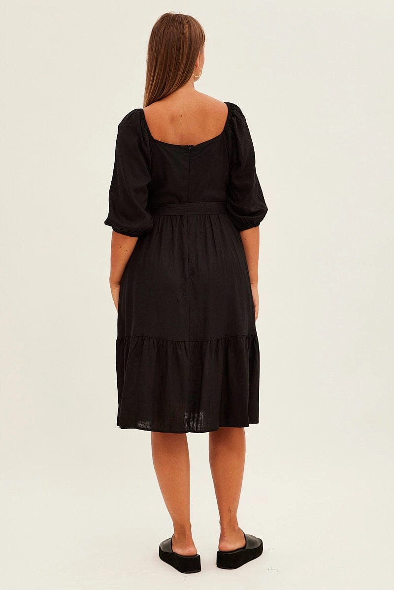Soft Cut Black Midi Dress Puff Sleeve Belt Frill Hem