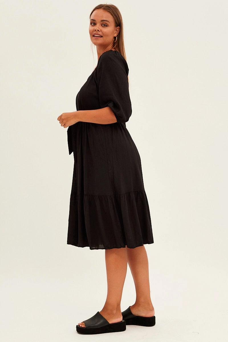 Black Midi Dress Puff Sleeve Belt Frill Hem Brunch Outfit