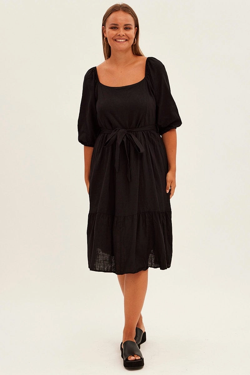 Black Midi Dress Puff Sleeve Belt Frill Hem Floor-Length