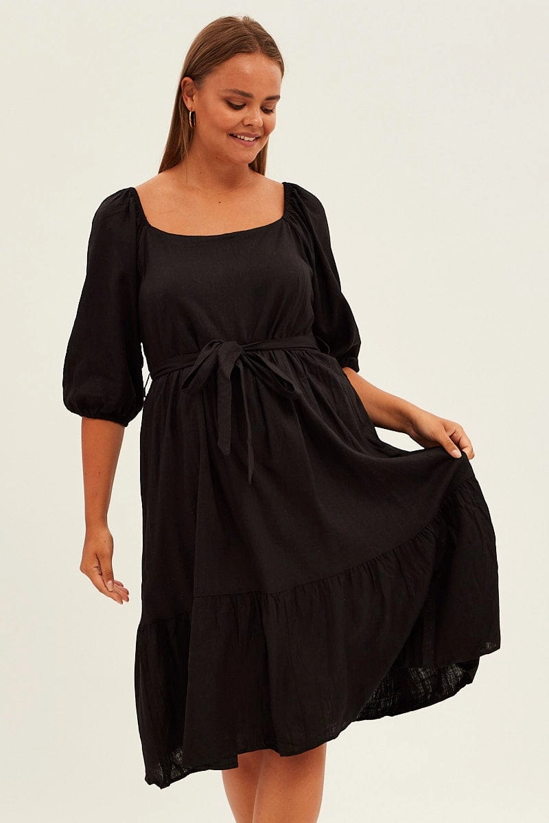 Vibrant Spirit Sophisticated Style Black Midi Dress Puff Sleeve Belt Frill Hem