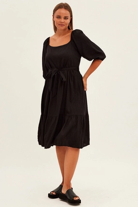 Black Midi Dress Puff Sleeve Belt Frill Hem Modern Texture
