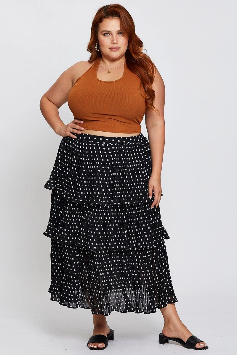 Versatile Fit Dust Proof Fabric Geo Print High Waist Frill Tiered Midi Skirt